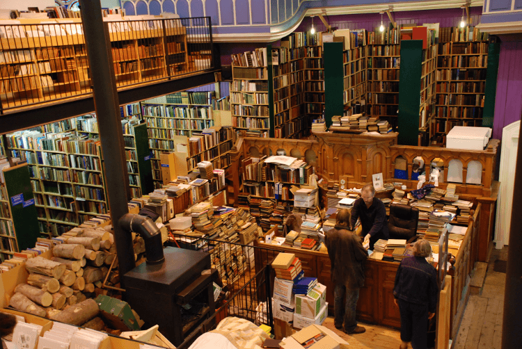 Books fill Leakey's Bookshop, a converted chapel with a woodburning stove at its heart